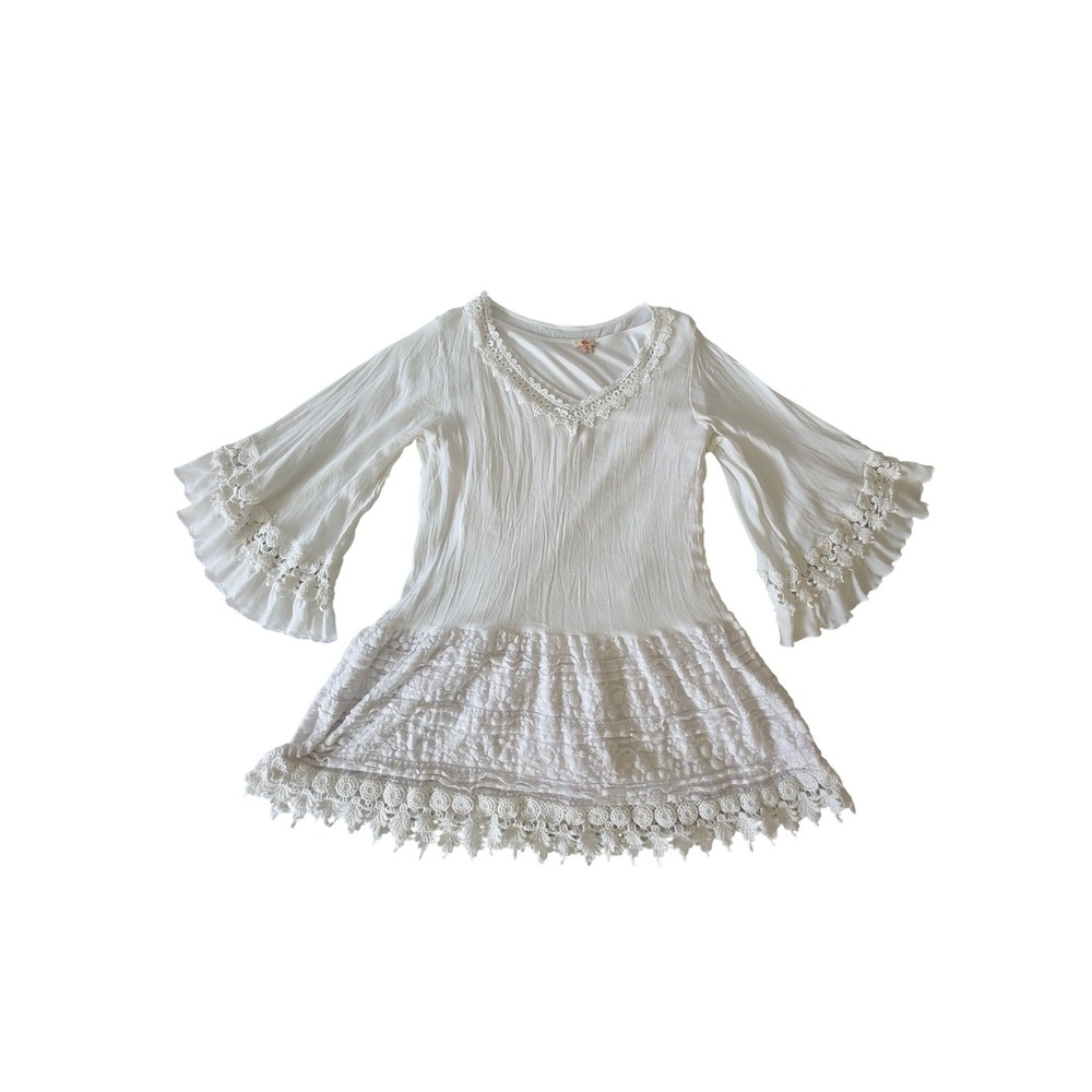 White Lace Bell Sleeve Boho Tunic Top M Cottagecore Romantic Prairie